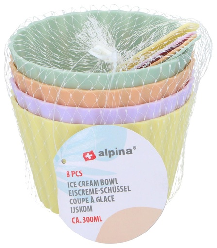 Alpina Set 8 Coupes à Glace avec Cuillères Plastique Pastel 300ml