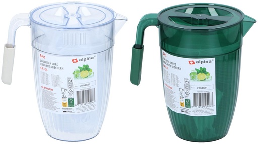 Alpina Ensemble 5 Pièces Pichet 1,5L & 4 Gobelets Plastique Transparent