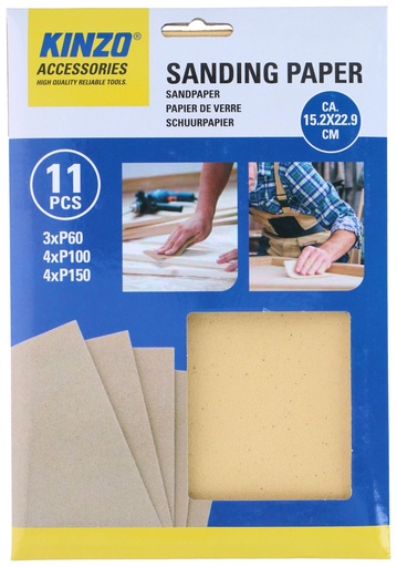 Kinzo Papier de Verre 15,2x22,9 cm, 11 Feuilles Grains P60/P100/P150