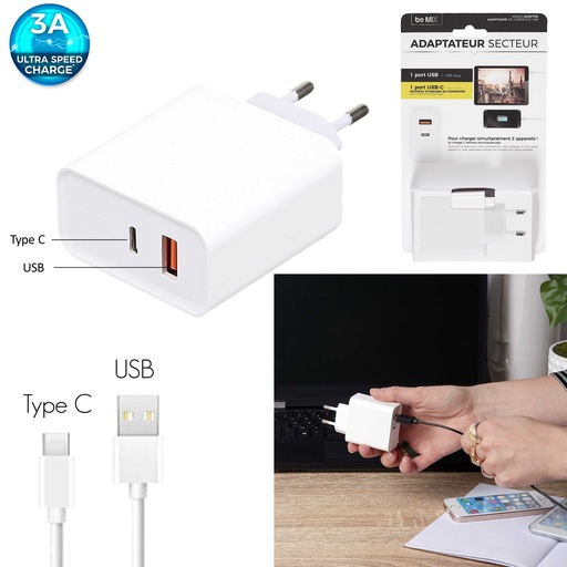 Adaptateur Secteur Be Mix Double Port USB-C & USB 18W 3A Charge Rapide Blanc
