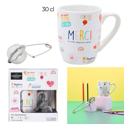 Coffret Mug Céramique Merci Maîtresse 30cl + Infuseur Thé Acier The Concept Factory