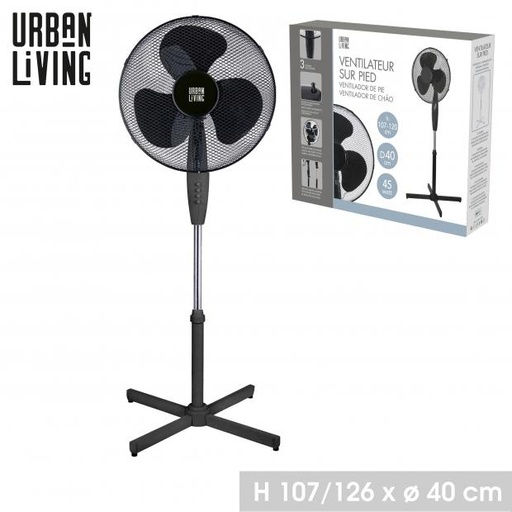 Ventilateur sur pied Urban Living Noir Ø40cm 45W réglable 107-126cm