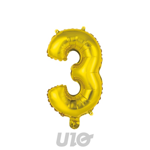BALLON CHIFFRE 3 METALLISE EN ALUMINIUM AVEC PAILLE H40CM OR