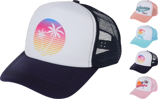 Casquette Trucker Palmiers Dégradé Tropical Filet Bleu Marine Blanc