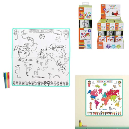 Jeux 2 Momes - Carte du Monde à Colorier Lavable 50x50cm + 5 Feutres