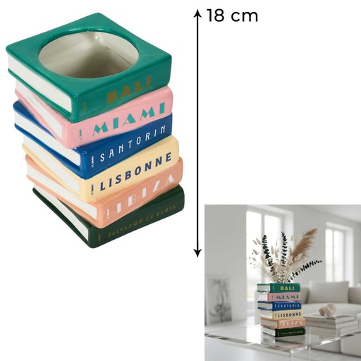Vase Home Deco Factory Escapade céramique pile de livres multicolore 18 cm