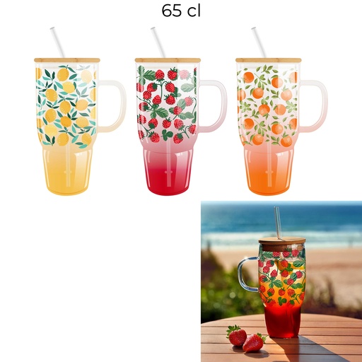 Cook Concept Mug Miami Verre 650ml Paille Couvercle Bambou Fruits