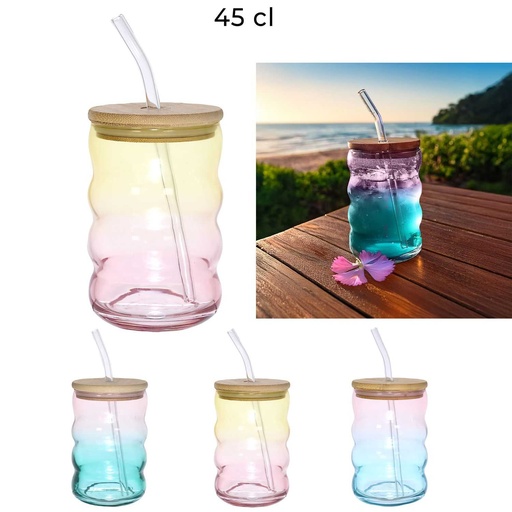 Home Deco Factory Gobelet Verre Paille Couvercle Bambou Tie & Dye 450ml