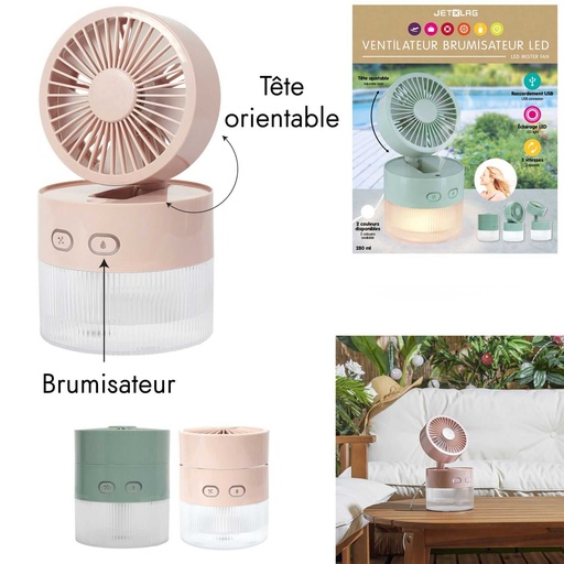 Jet Lag Ventilateur Brumisateur USB LED Orientable 3 Vitesses Rose 280ml