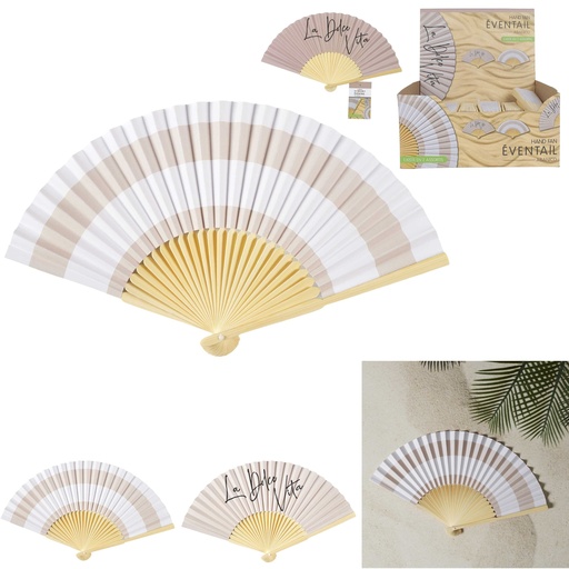 Jet Lag Éventail Pliant en Bois Femme Rayures Beige et Blanc