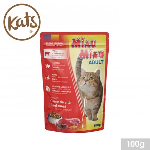 Kats Miau Miau Aliment Chat Adulte Bœuf en Sauce 100g