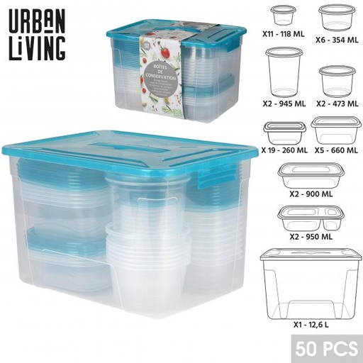 Urban Living Lot 50 Boîtes Conservation Alimentaire Plastique Transparent/Bleu