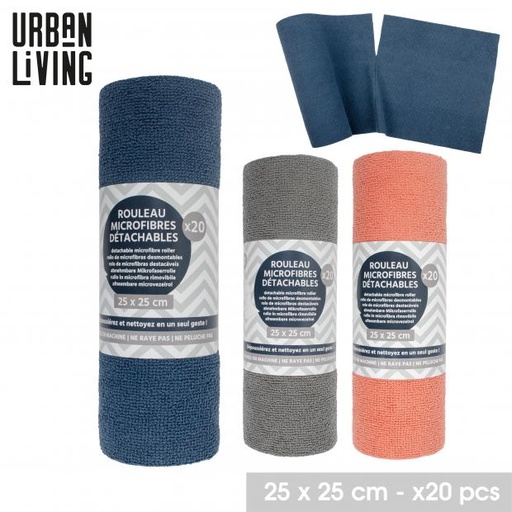 Urban Living Rouleau de Chiffons Microfibres Détachables 20 Pièces/Rouleau  25x25 cm 3 Couleurs Disponibles