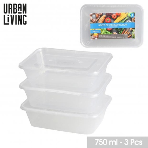 Urban Living Boîtes Conservation Plastique Transparent 750ml Lot de 3