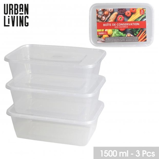 Urban Living Les Indispensables 3 Boîtes conservation avec couvercle plastique transparent 1500ml