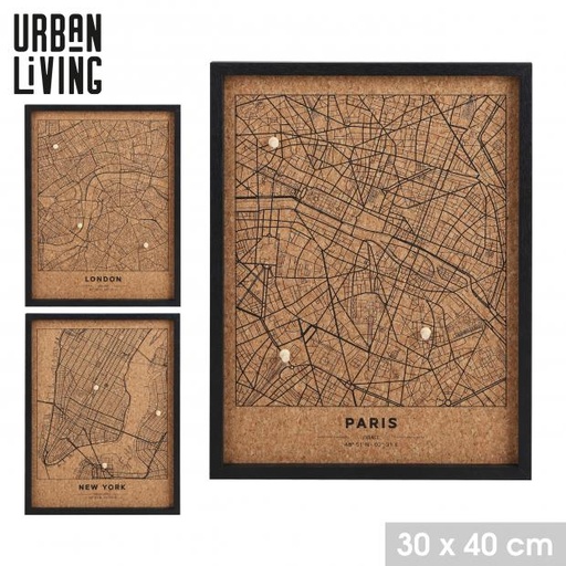 Tableau mémo en liège Urban Living METROPOLIS 30x40 cm, 3 modèles de cartes villes disponibles