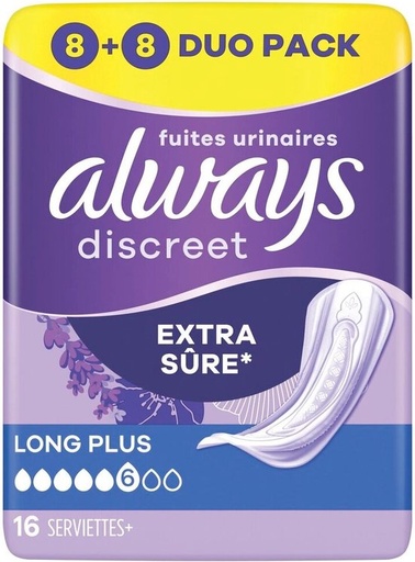 Always Discreet Serviettes Fuites Urinaires Long Plus 6 Gouttes x16