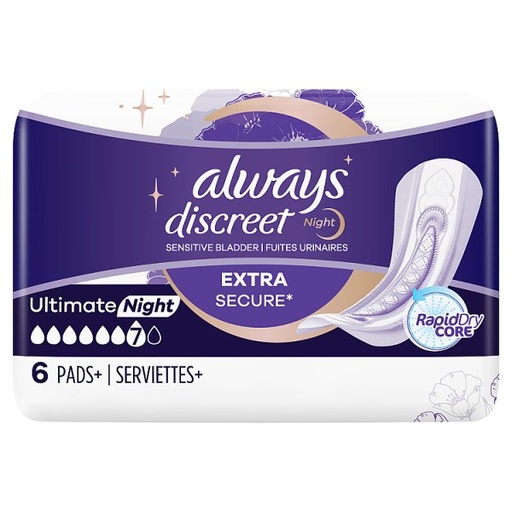 Always Discreet Ultimate Nuit Serviettes Fuites Urinaires N7 x6