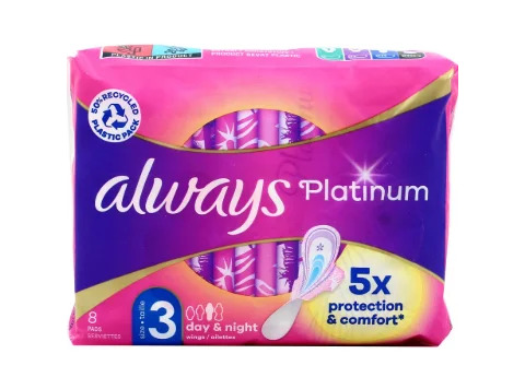 Always Platinum Serviettes Hygiéniques Jour & Nuit Taille 3 Ailettes x8