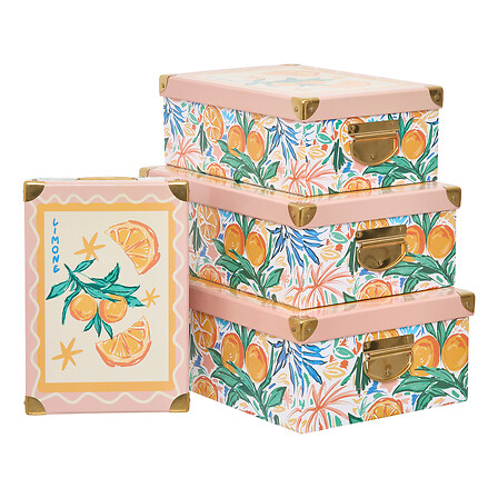 5Five Eden Lot 4 Boîtes Rangement Déco Motif Agrumes Rose
