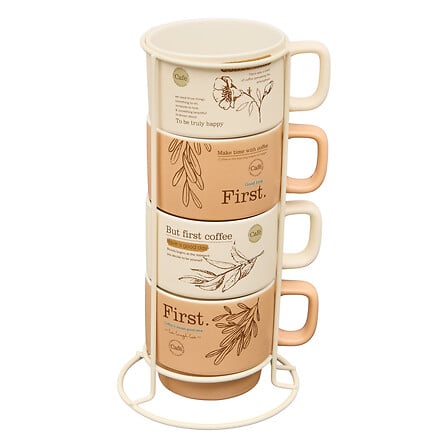 Atmosphera Set 4 Tasses Wellness 22cl avec Support Métal Beige