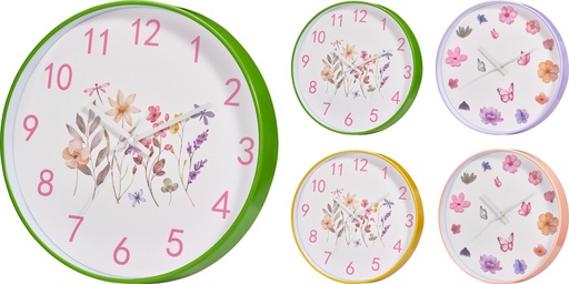 Horloge Murale Ø30cm Polypropylène - 4 Motifs Fleurs Papillons