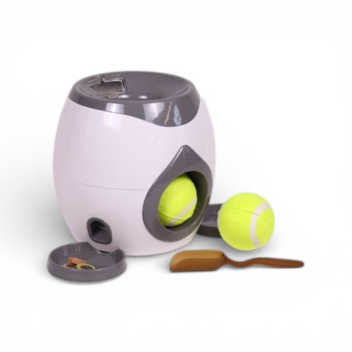 Jouet Chien Interactif: Distributeur Croquettes & Lanceur 2 Balles - Blanc/Gris