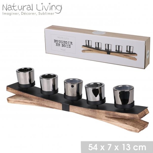 Natural Living Bougeoir 5 Chandelles Bois Brut & Métal Noir/Argent 54cm